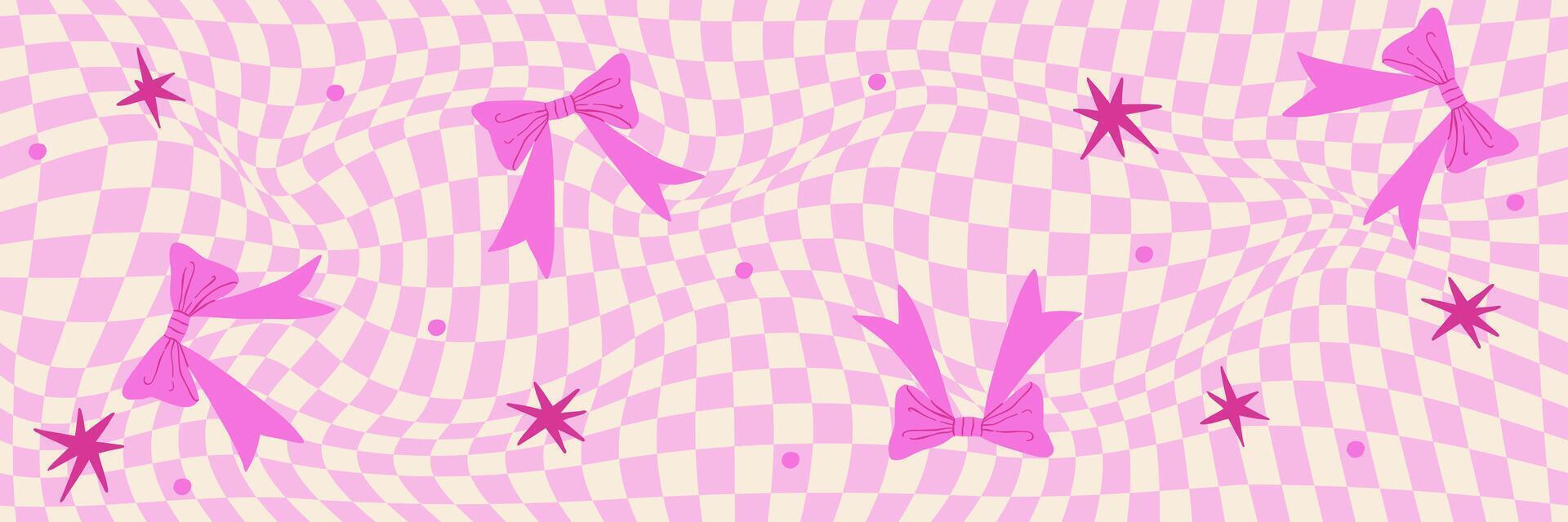 Abstract seamless gerly aesthetic background featuring a decorative pink bow. Y2K retro pattern with a groovy checkerboard design. vector