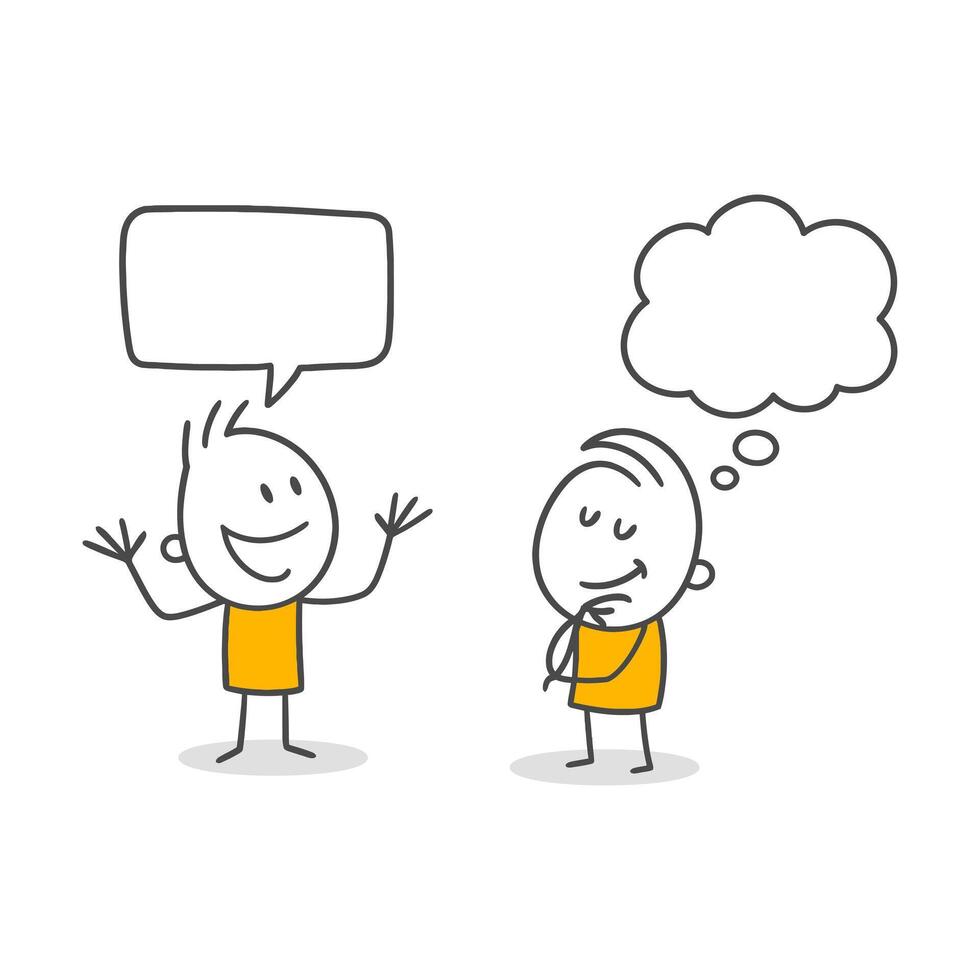 A Dialogue Between An Employee Speaking Loudly And Excitingly And Another Employee Trying To Make A Decision By Silently Weighing Their Own Inner Thoughts. vector
