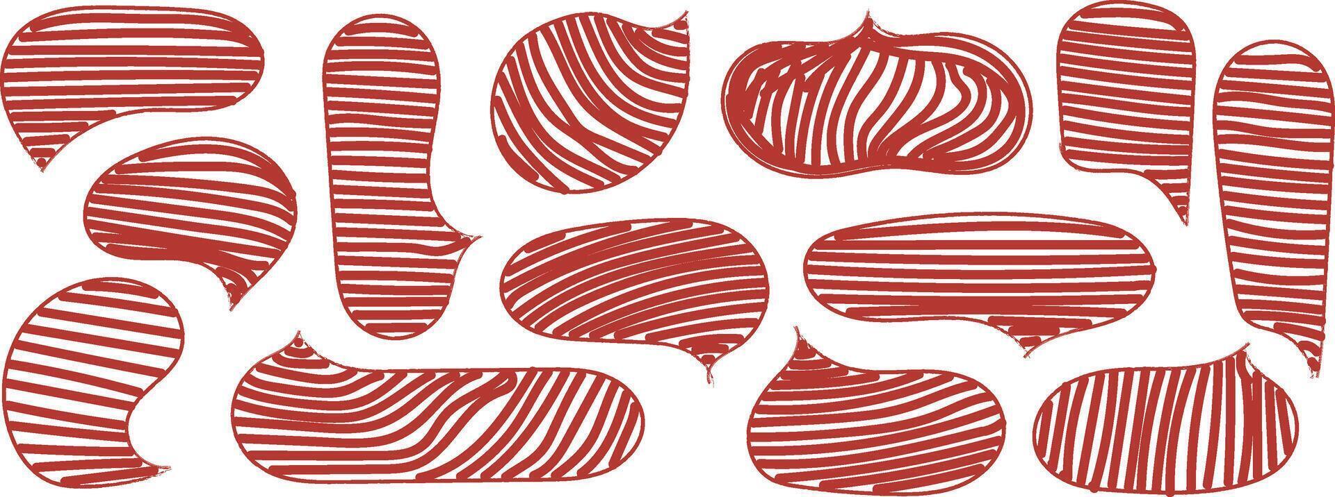 Collection of abstract red and white striped speech bubbles and thought clouds in various shapes and sizes vector