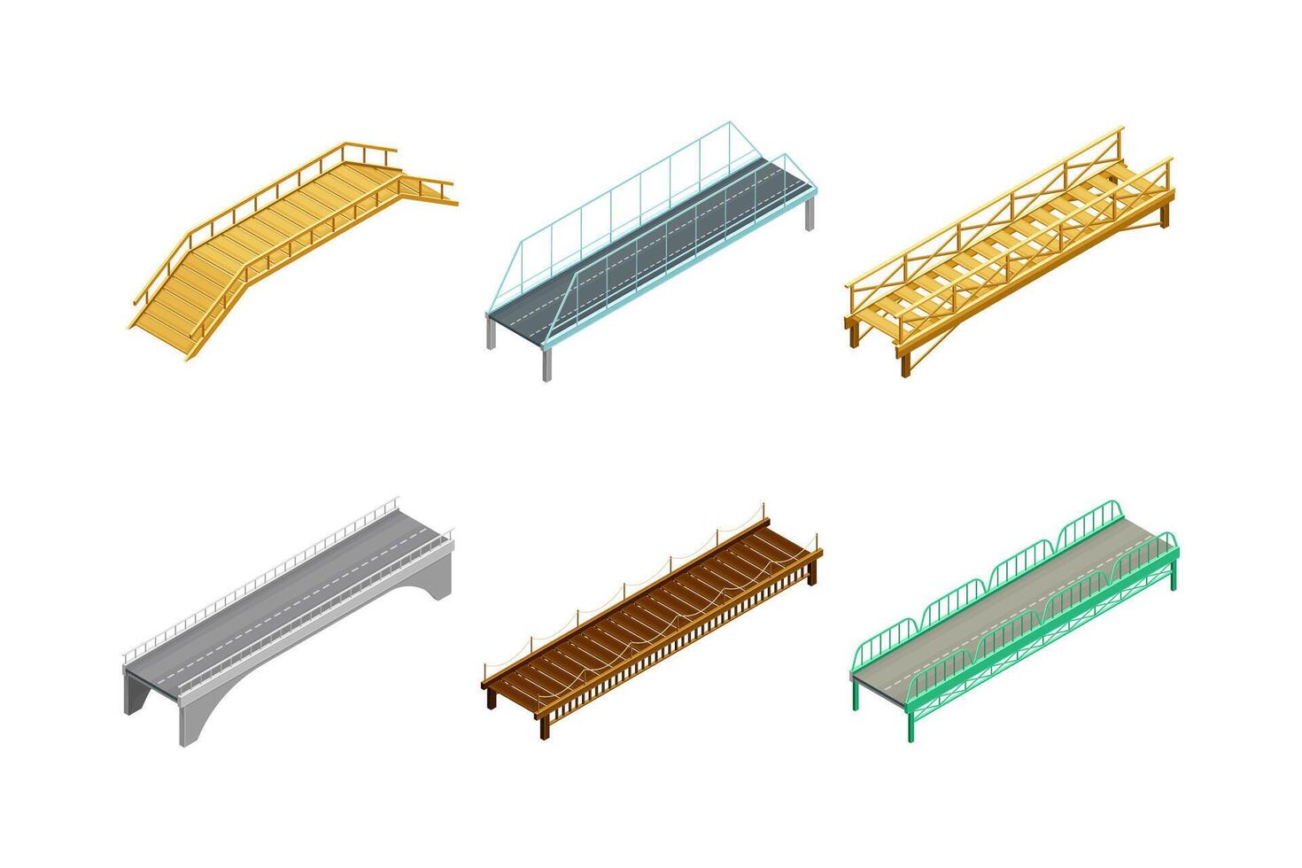 Fixed Bridges Made of Wood and Metal with Beam and Arch Bridge Isometric Set vector