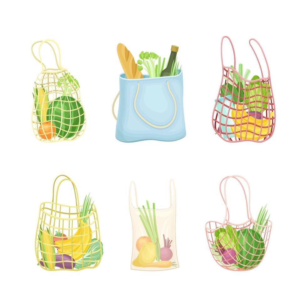 Eco Shopping with Net and Reusable Textile Bag Full of Grocery Products Set vector