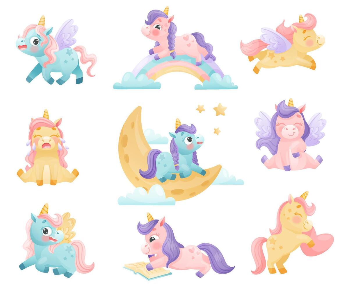 Cute Unicorn with Twisted Horn and Mane Engaged in Different Activity Set vector
