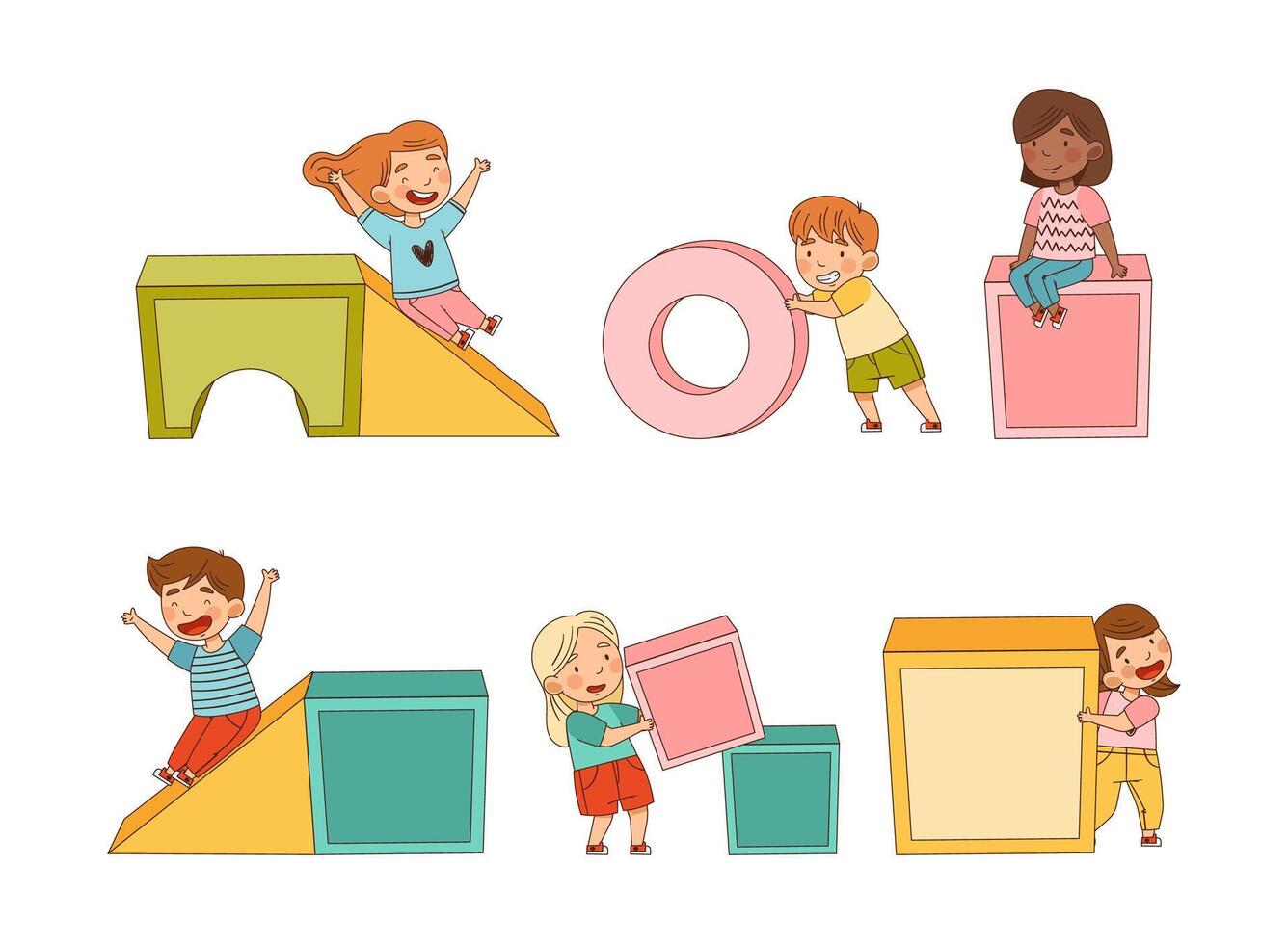 Children playing with blocks and letters in different poses vector