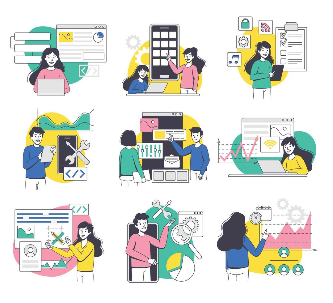 App Dev Professional Developing Software Application for Mobile Device Set vector