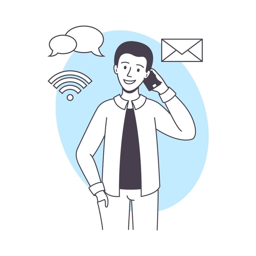 Man Blogger Character with Smartphone Speaking with Someone Illustration vector