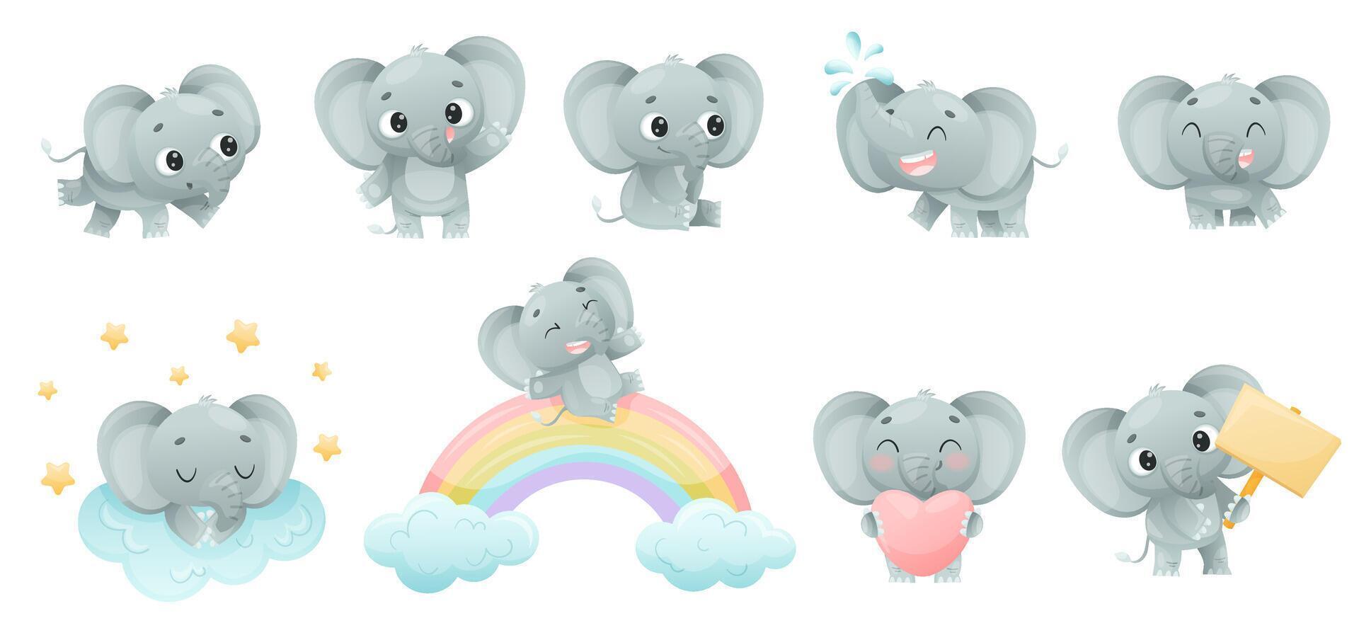Funny Grey Elephant with Large Ear Flaps and Trunk Enjoying Different Activity Set vector