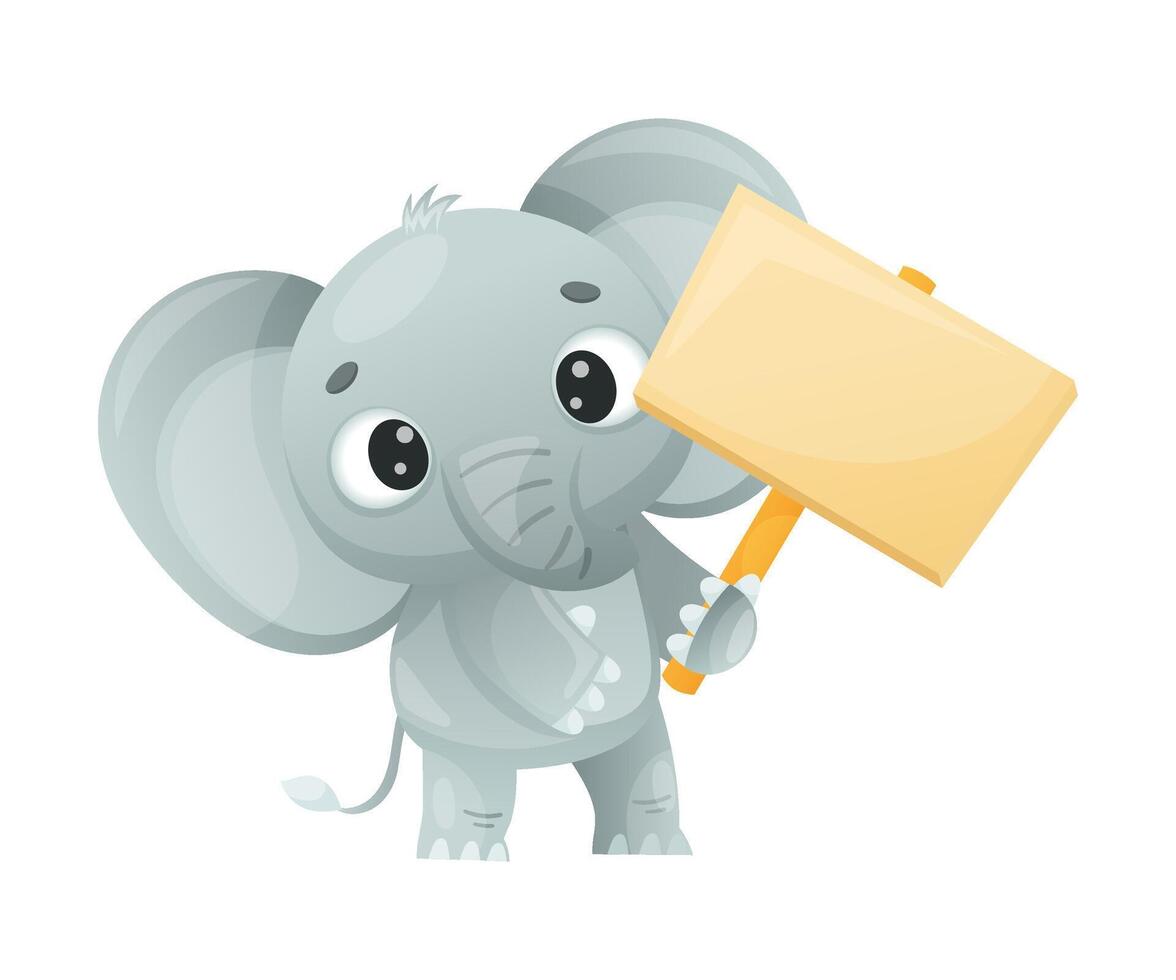 Funny Grey Elephant with Large Ear Flaps and Trunk Holding Empty Banner or Signboard Illustration vector