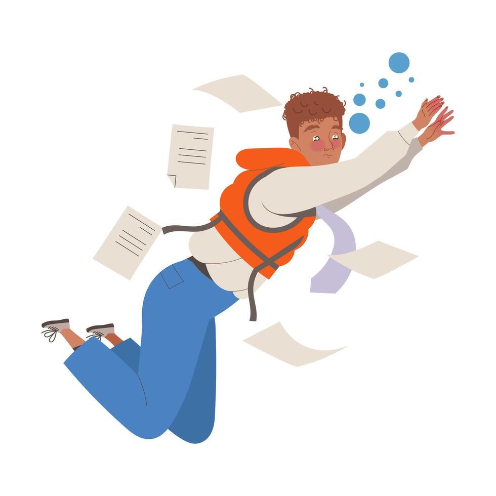 A man in a life jacket is floating in the air with papers vector