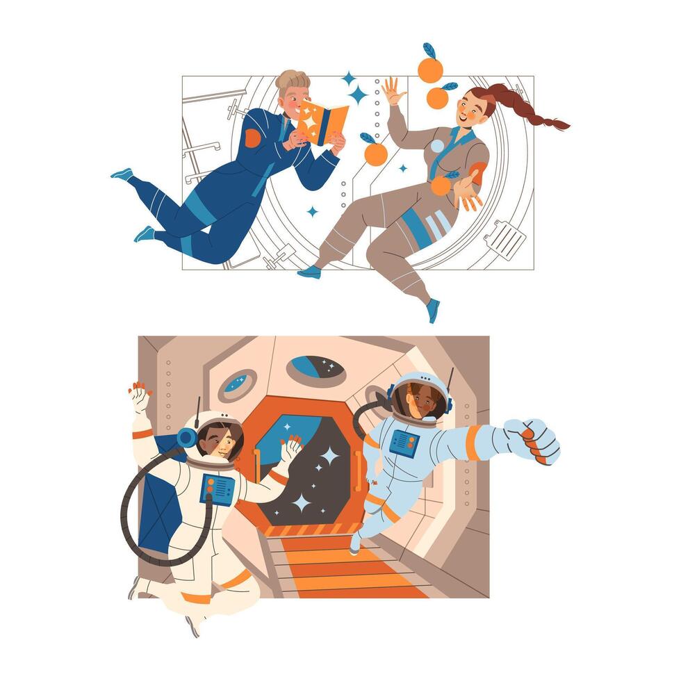 Man and Woman Astronaut Character in Outer Space in Spacesuit Flying on Space Shuttle Set vector