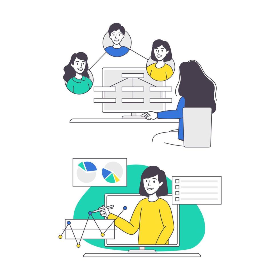 A series of illustrations depicting people working on computers vector