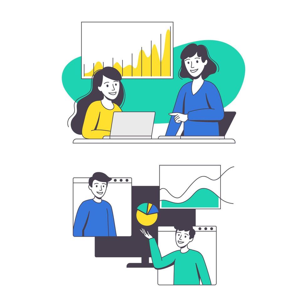 A set of illustrations depicting people working on a computer vector