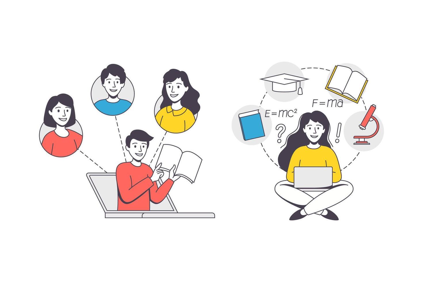 Online Learning with Student and Teacher Engaged in Virtual Classes Outline Set vector