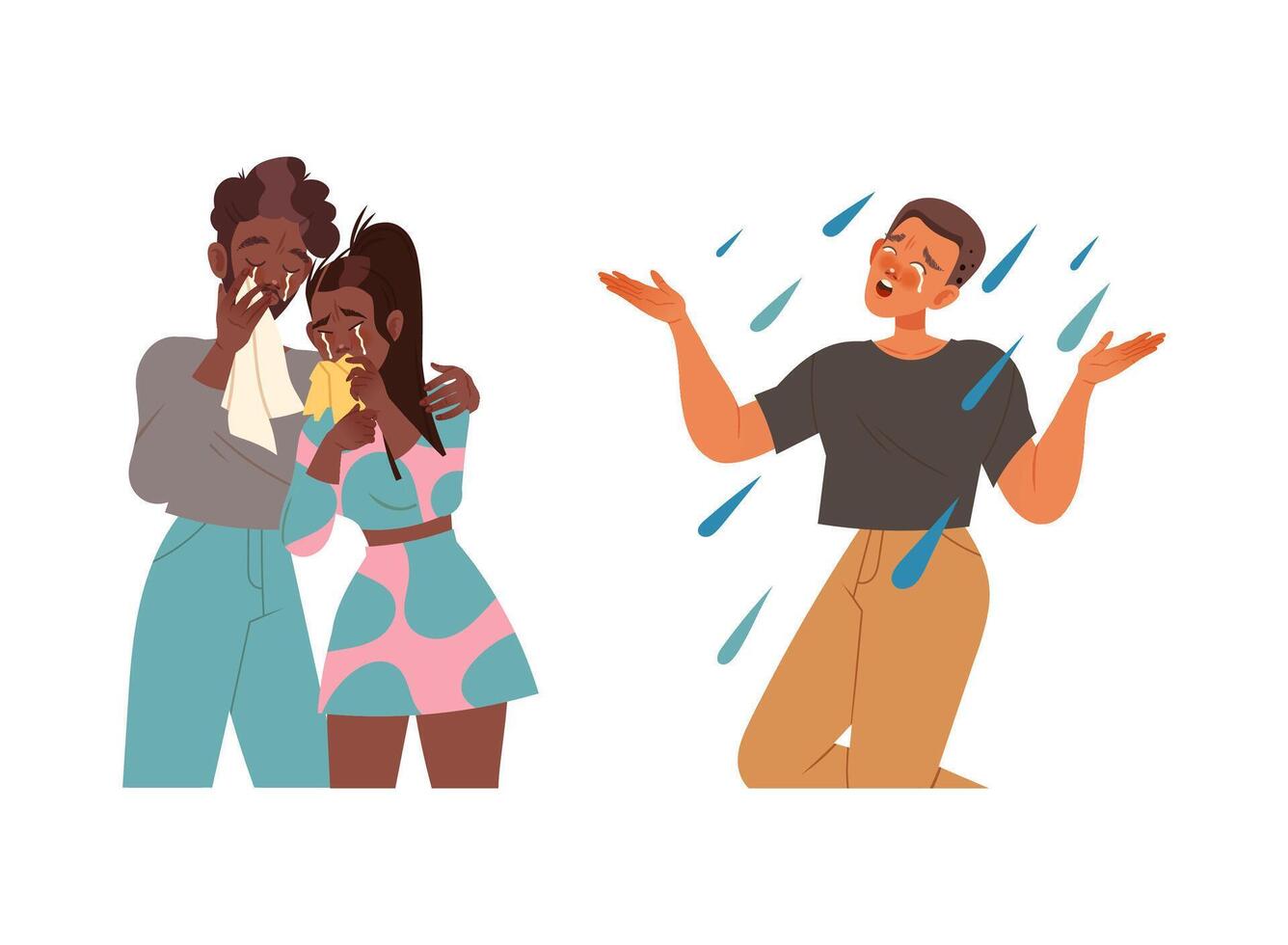 Man and Woman Character Crying, Weeping and Sobbing from Sorrow and Grief Feeling Sad and Upset Set vector