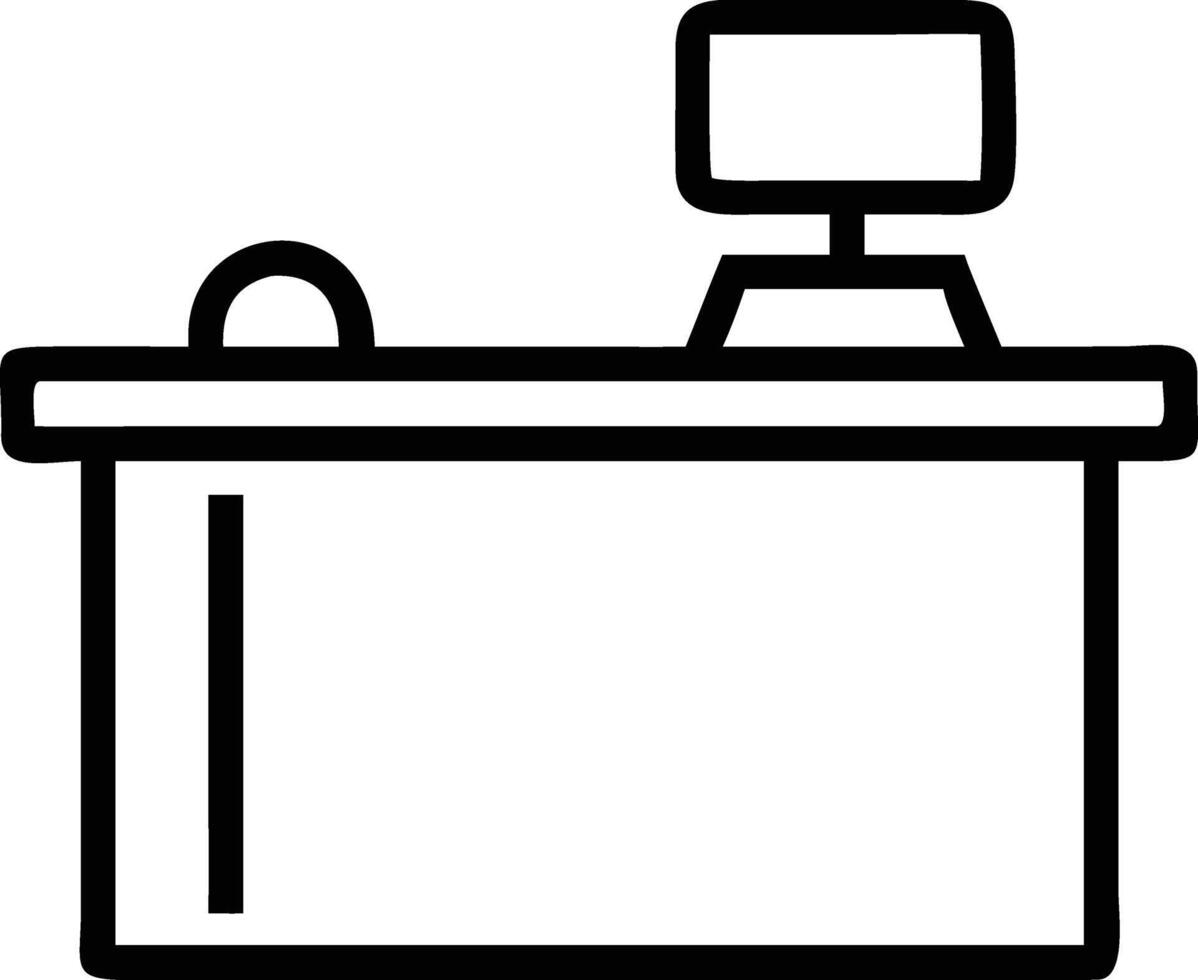 Black outline office desk with computer circular object vector