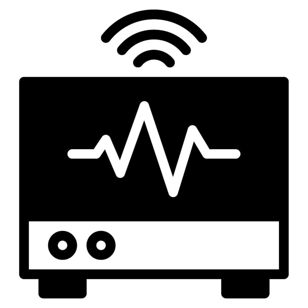 un negro y blanco icono de un computadora con un ecg señal vector
