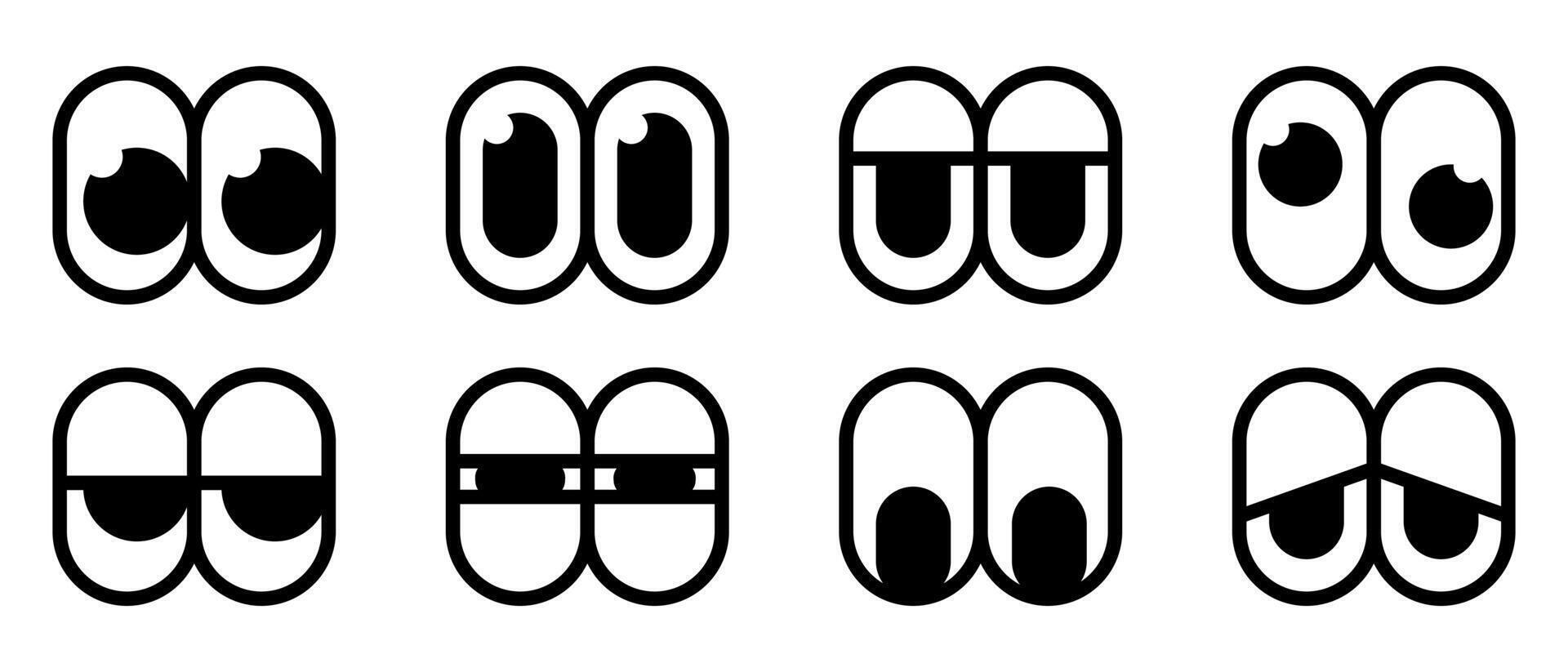 Set of simple flat cartoon eyes. A collection of black and white character expressions with various emotions like happy, sad, and bored for creating mascots or emoticons. vector