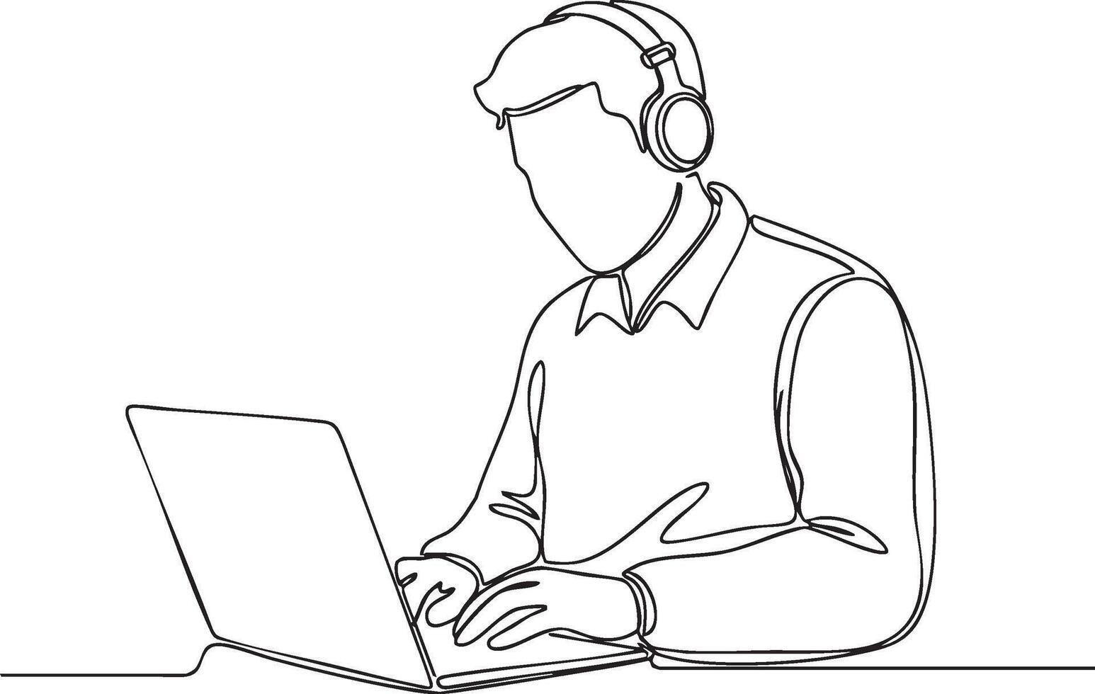 continuo línea dibujo de persona con auriculares utilizando computadora portátil, remoto trabajar, en línea aprendiendo, codificación vector