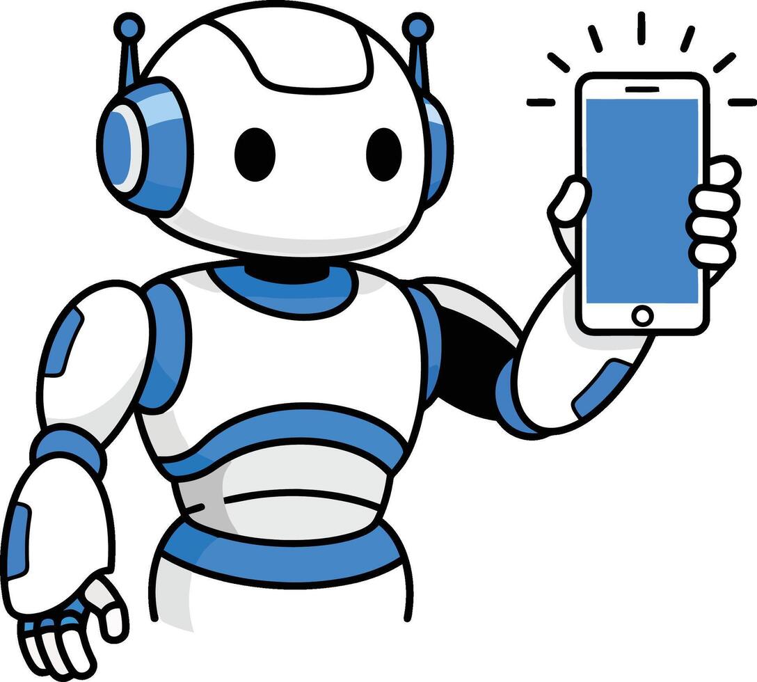 friendly robot holding smartphone, ai assistant, technology innovation, customer service, future communication vector