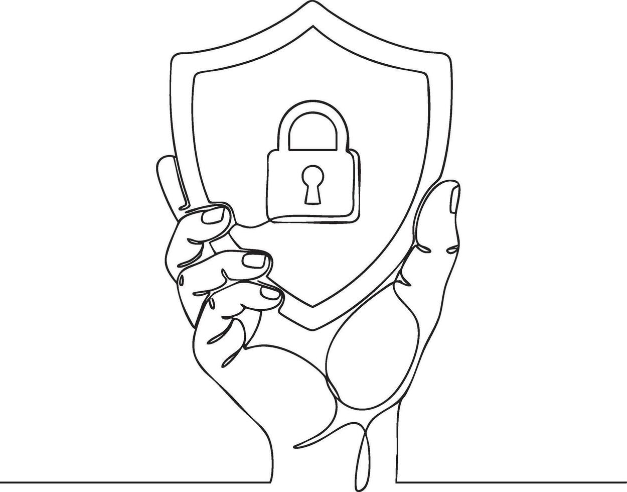 continuous line drawing of hand holding shield with padlock, cybersecurity, data protection concept vector