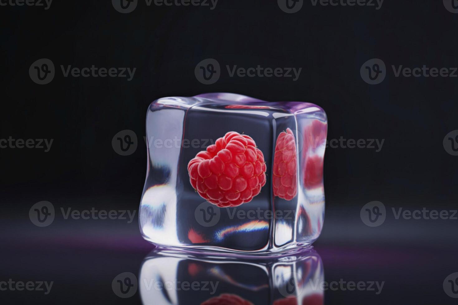 Raspberry frozen in a clear ice cube on a reflective surface photo