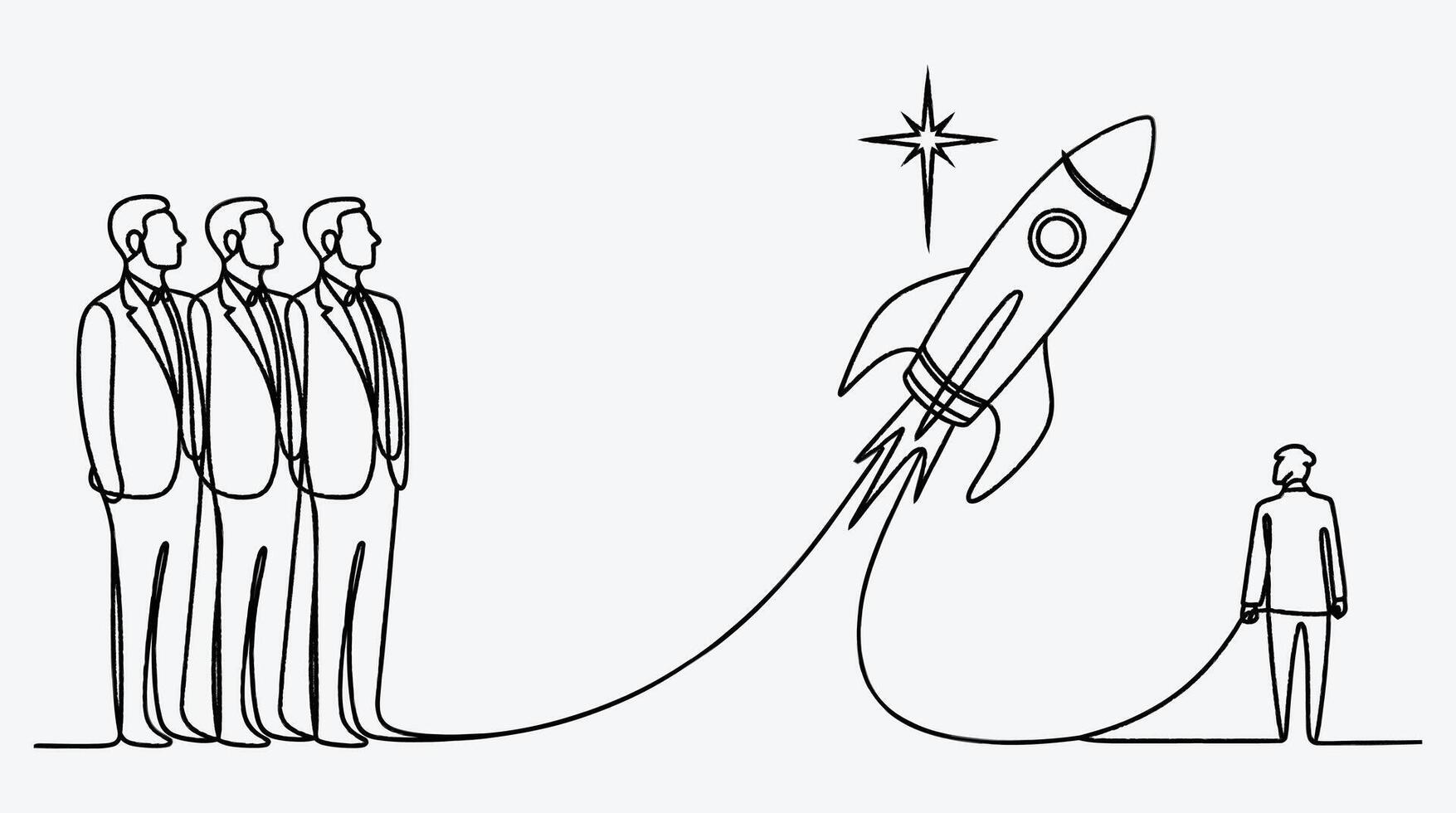 Business launch continuous line drawing with team and rocket concept vector