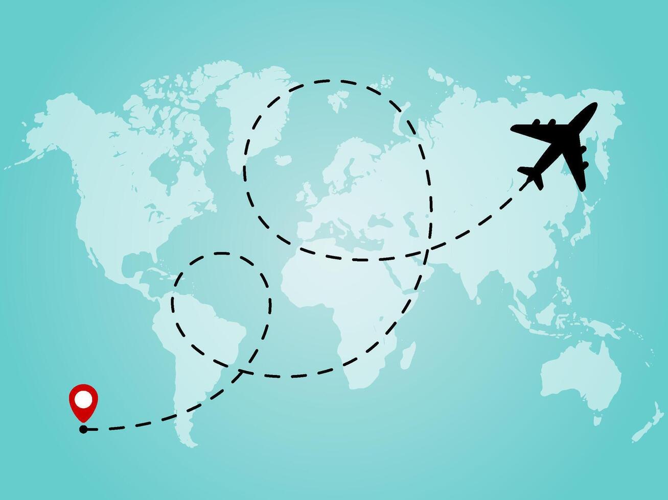 World map with airplane line path, plane route dashed line. Curvy flight way. Travel concept vector