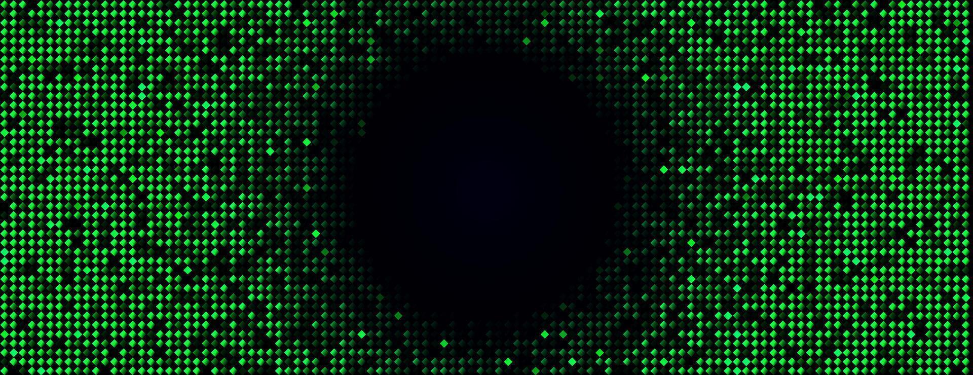 Green glowing pixel grid with diamond tiles creates circular copy space at center on dark tech background. illustration vector