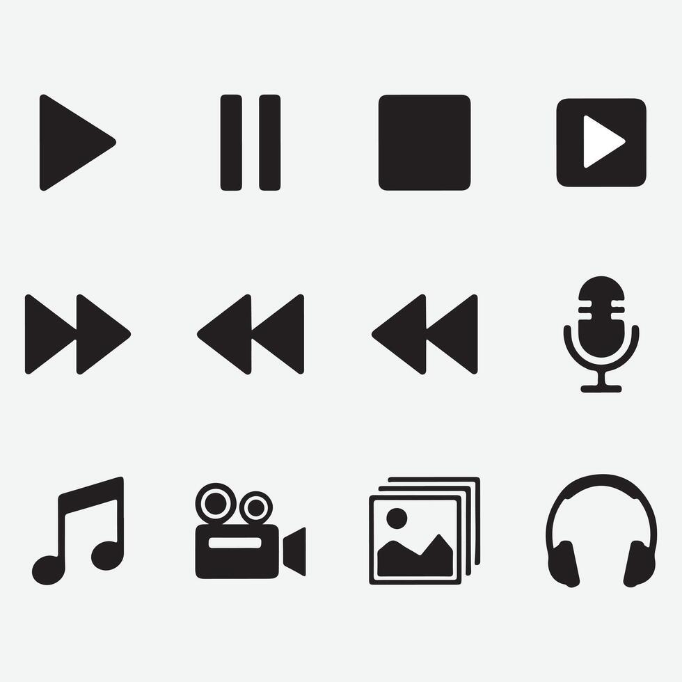 Set and bundle silhouette art design art of media player control icon set collection of play, pause, stop, record, forward, backward, microphone, music, camera, image, headphone vector
