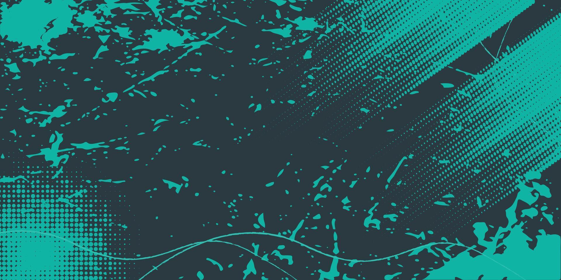 Abstract Teal Grunge Texture with Halftone Dots and Splatter Design. vector