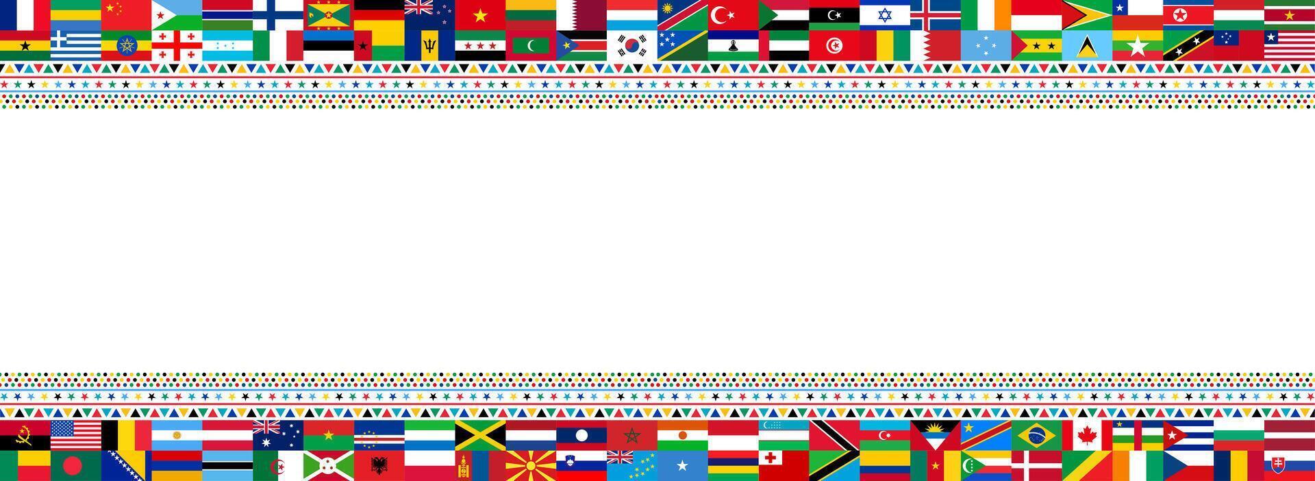 International Flags Border Design. Diverse Countries and Nations flag Banner for Global Unity and Multicultural Themes. world popular all flag horizontal banner vector