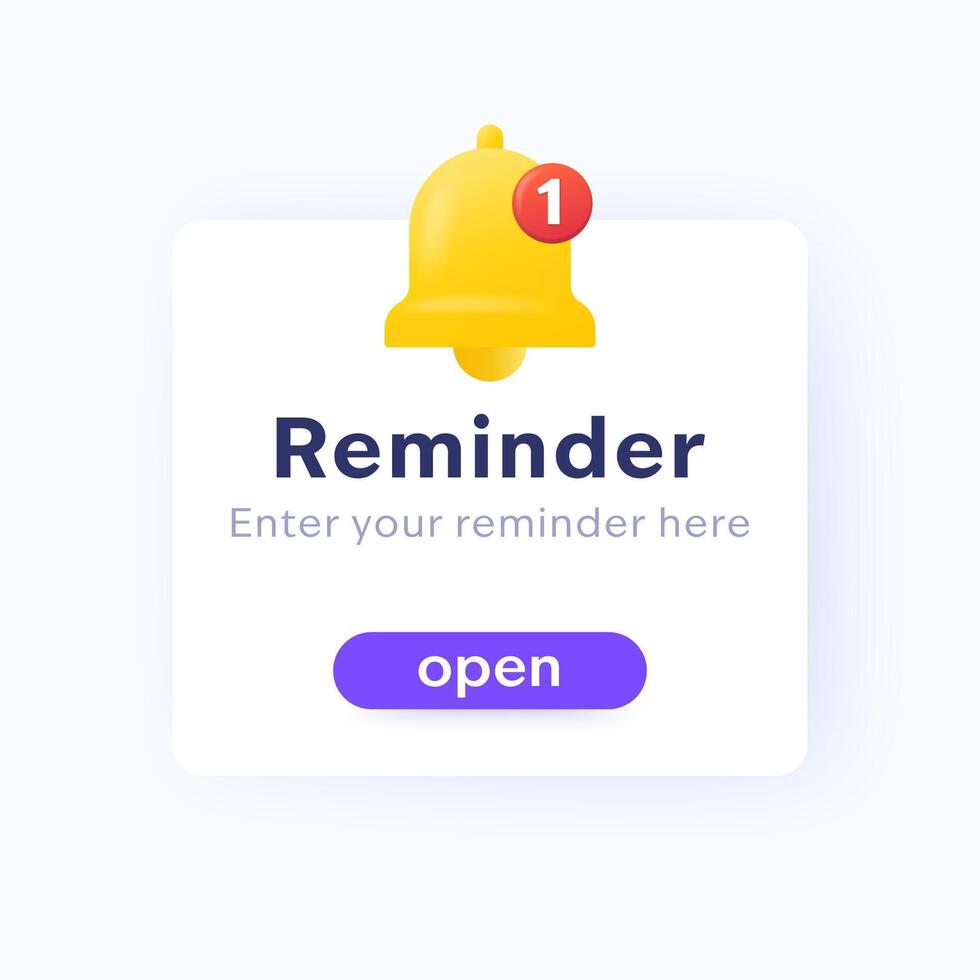 Reminder design with 3d bell icon, ui vector