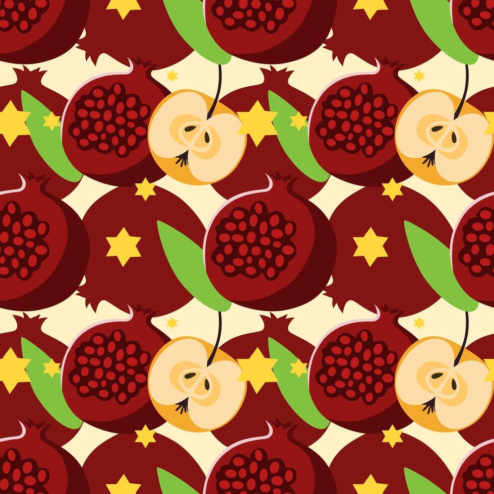 Seamless pattern with pomegranates, apples, and yellow stars on a light background. Bright and festive fruit design inspired by traditional motifs. Rosh Hashanah pattern vector