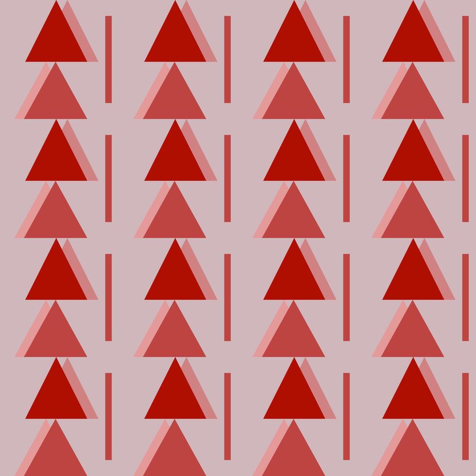 Repeating pattern with red triangles and vertical lines on a light pink background. vector