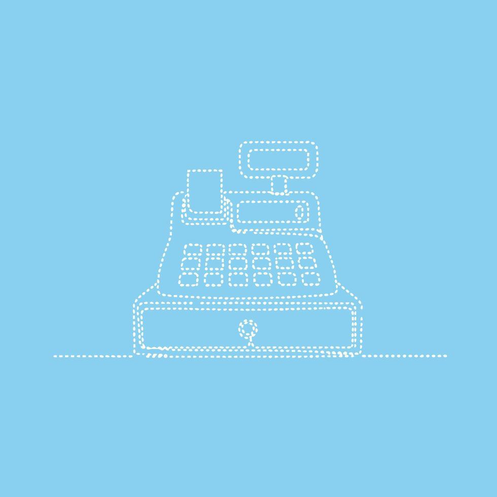 Minimalist dotted line drawing of a modern cash register with a display screen and keypad on a light blue vector