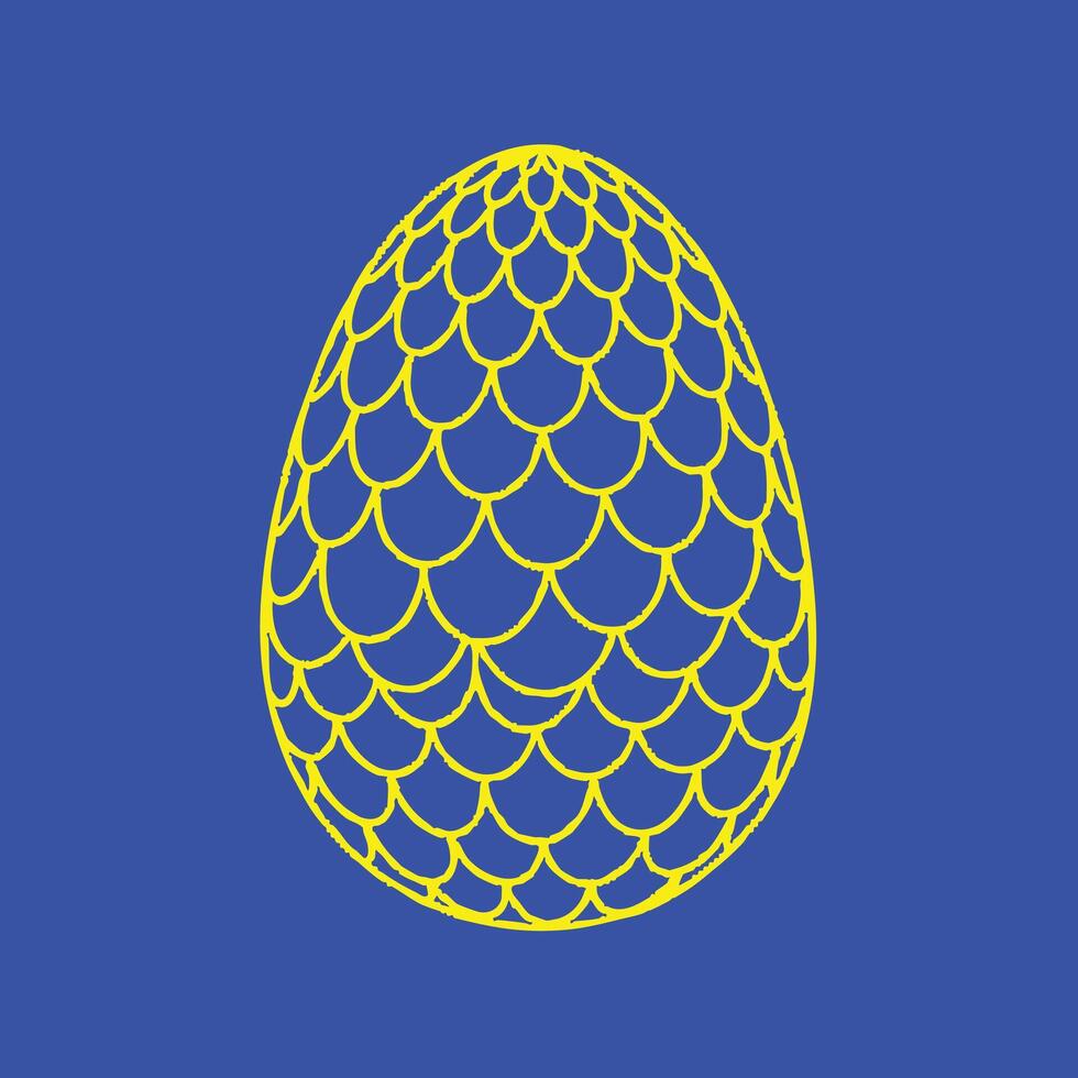 Stylized yellow and blue egg with intricate scale-like pattern on a solid vector