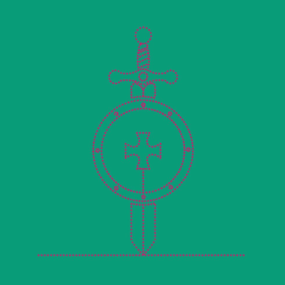 Intricate medieval-style pendant featuring a circular emblem with a cross and sword design, suspended from a decorative top vector