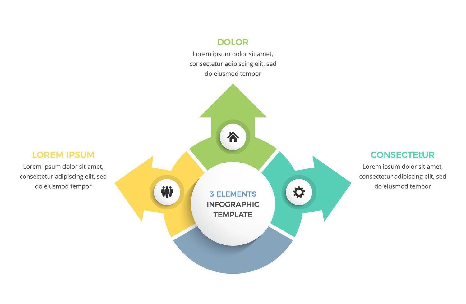 Circle diagram with 3 arrows, process visualization infographic template with 3 steps or options vector