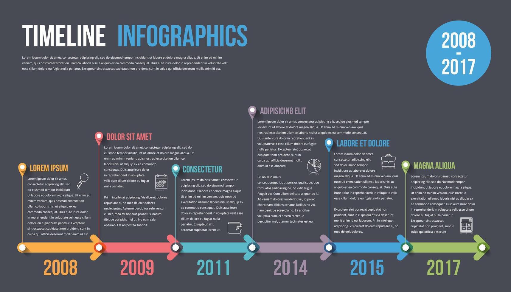 Timeline infographics template with colorful arrows, workflow or process diagram, dark background vector