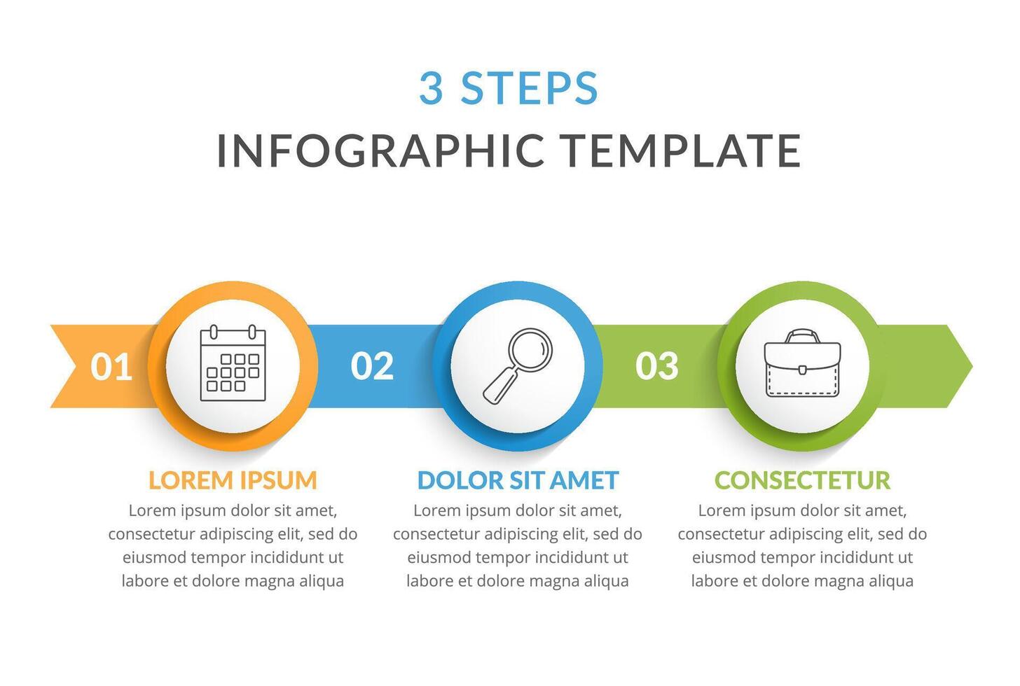 Infographic template with arrows with 3 circles with icons and text, process chart, workflow vector