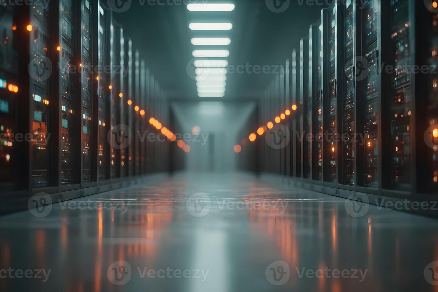 Modern Data Center with Illuminated Servers Technology and Networking Concept for IT Solutions photo