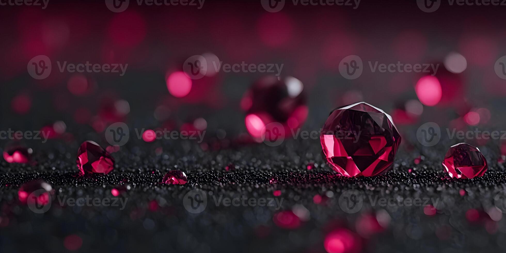 Brilliant ruby colored faceted gemstones sparkle on a dark textured surface with blurred pink bokeh lights creating an elegant luxurious background photo
