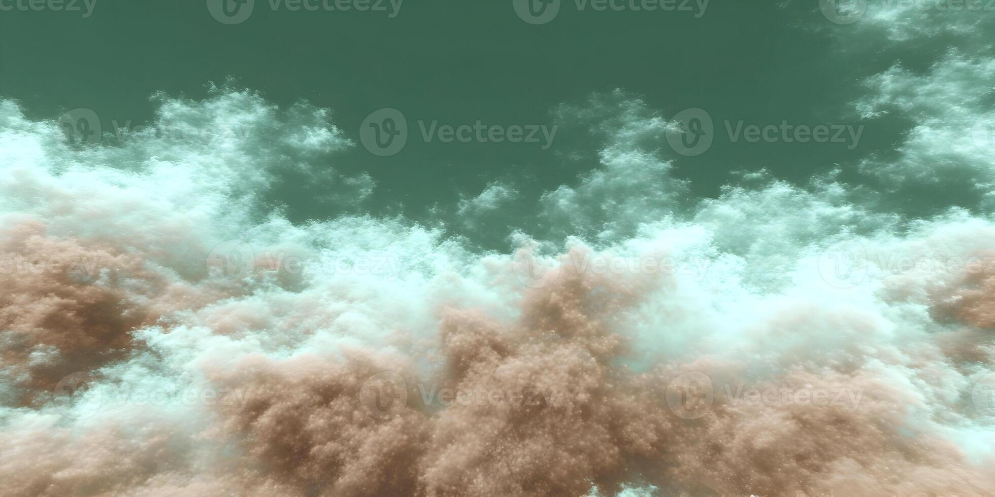 A teal sky features layers of fluffy white and earthy brown abstract clouds creating an ethereal atmospheric background photo
