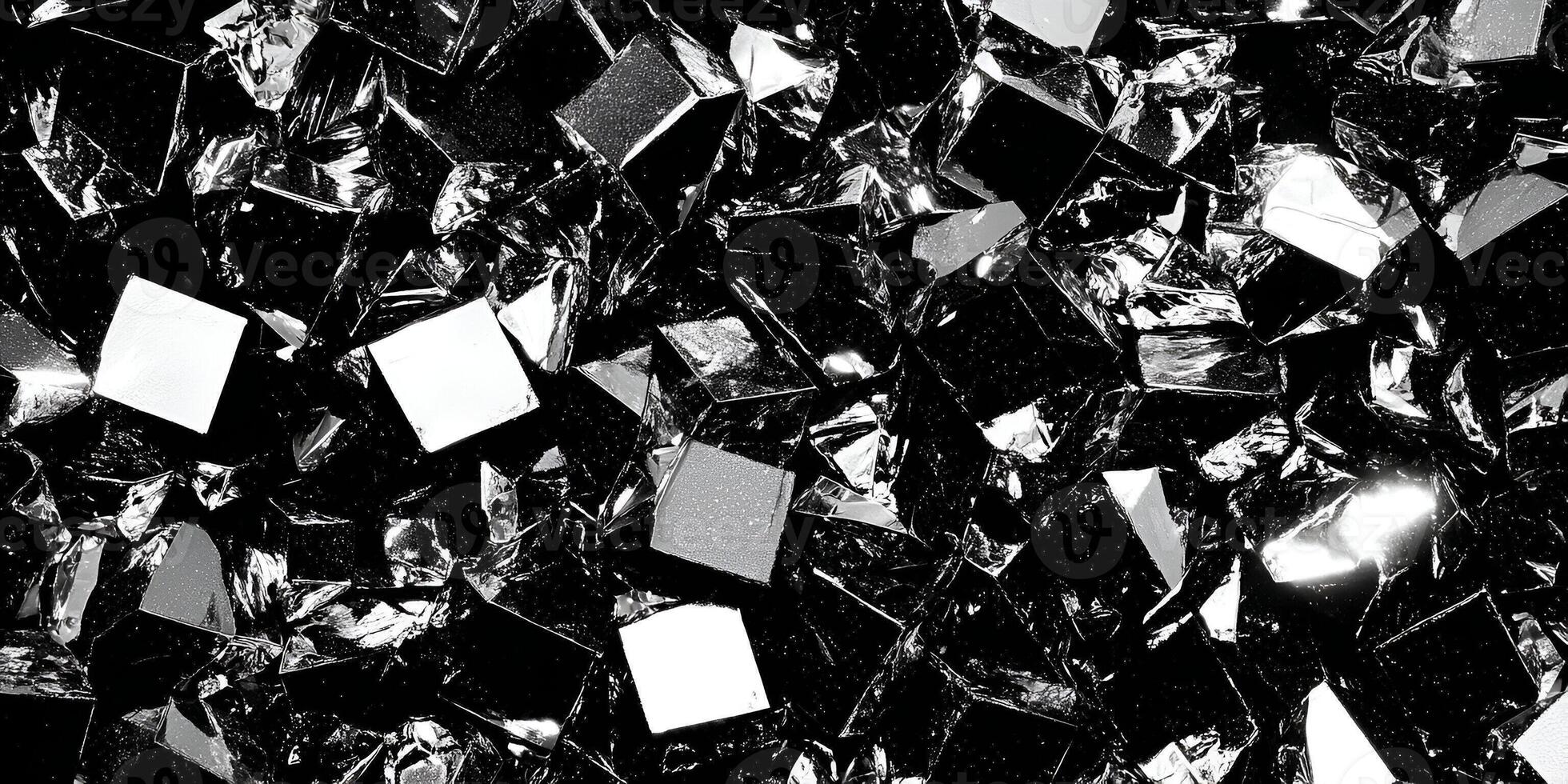 A close up abstract pattern of shiny black and white shattered reflective pieces forms a dynamic high contrast background photo