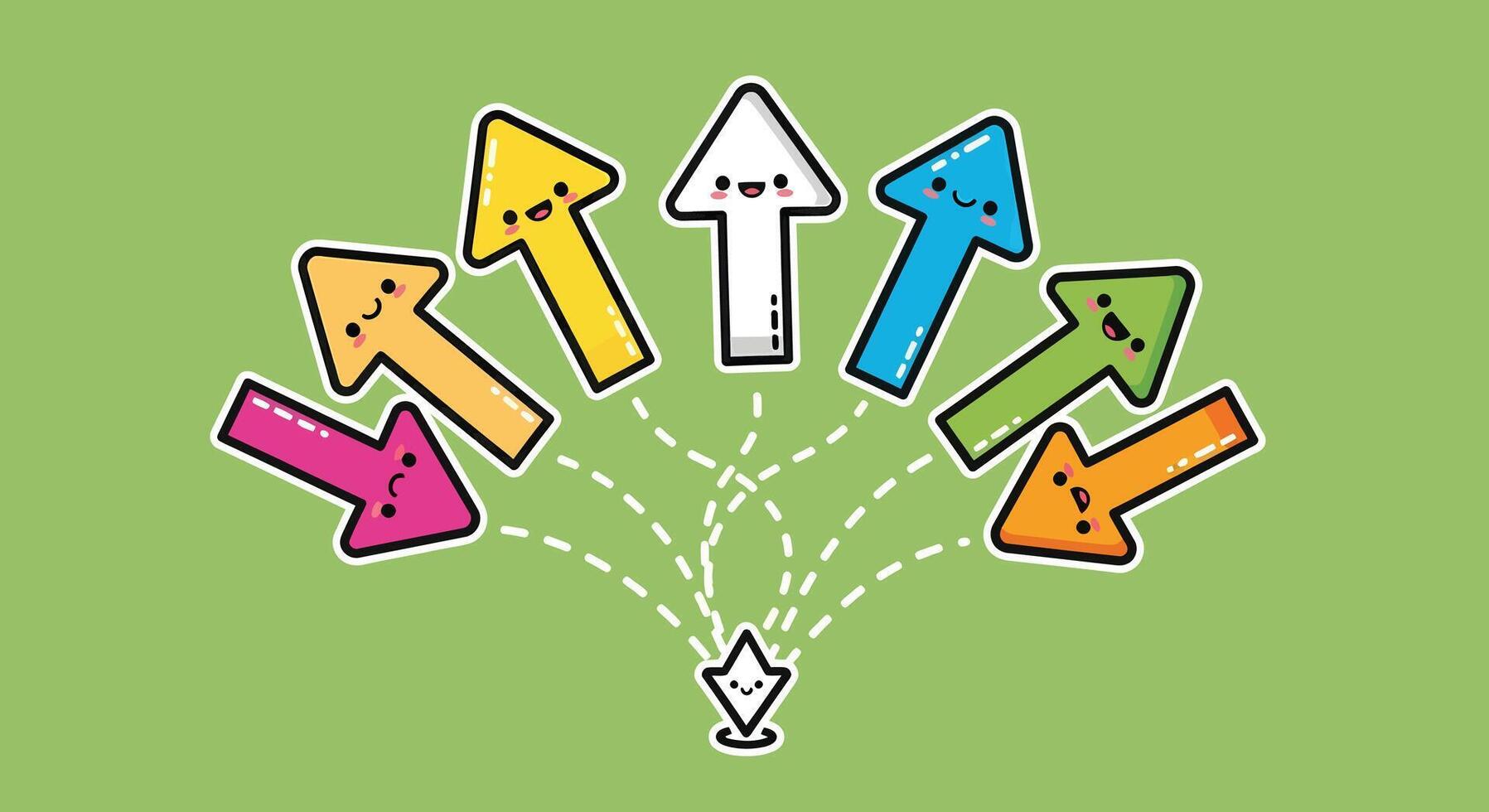 Cute kawaii arrows showing multiple choices and directions. illustration of different paths, options, and possibi vector