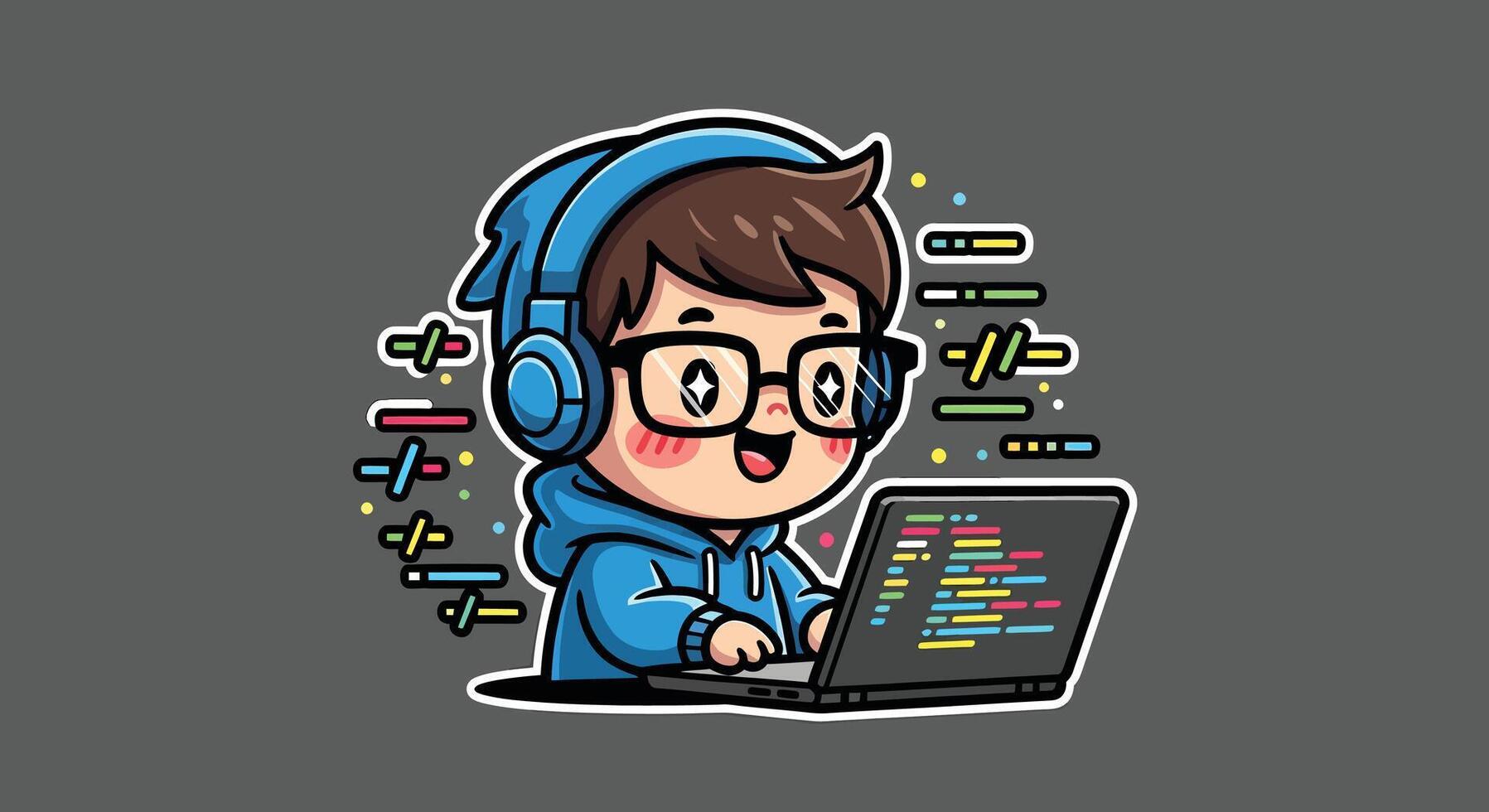 Programmer boy cartoon coding on laptop. Cute kid developer character with headphones, geek tech illustration. vector