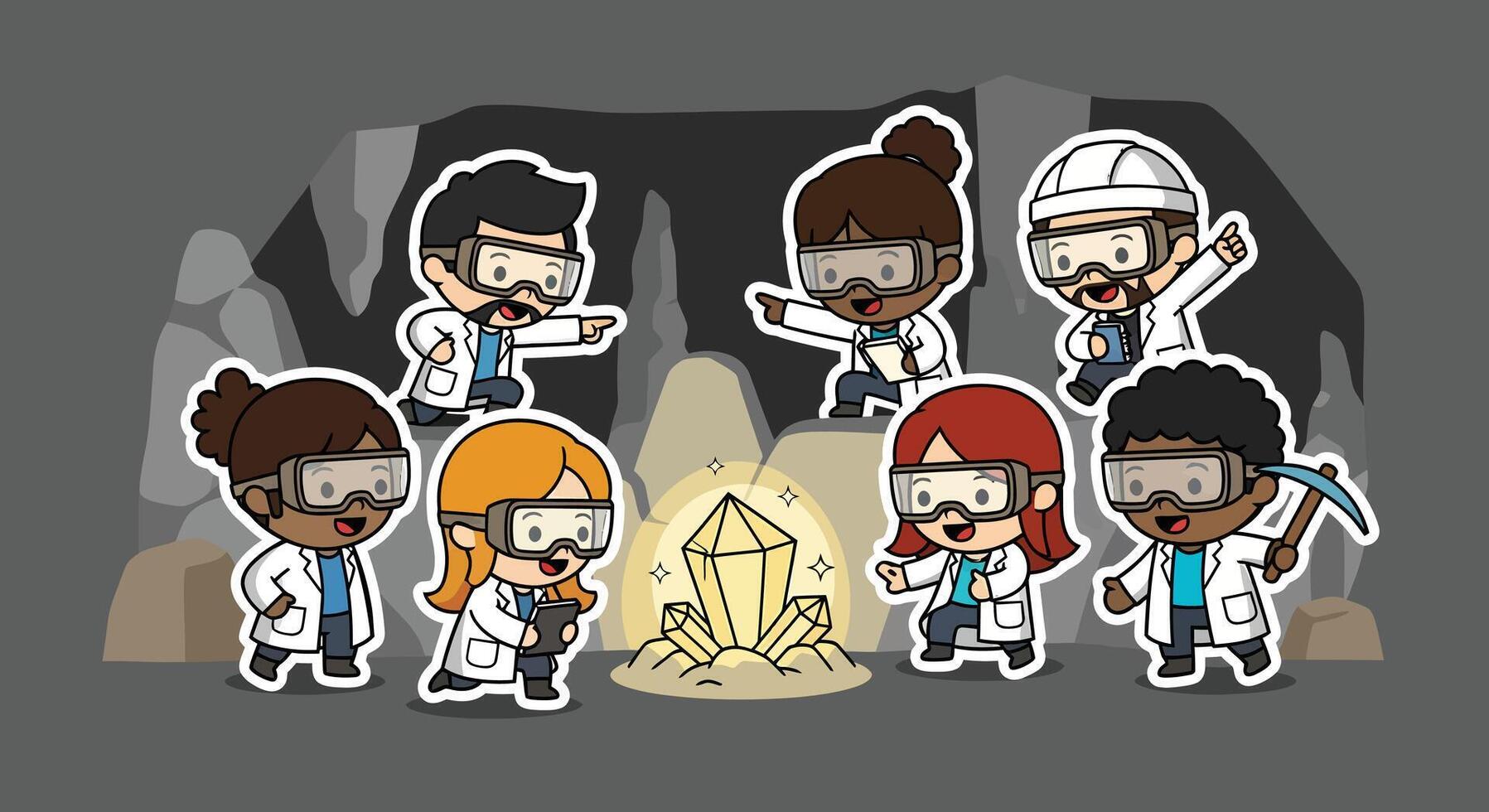 Scientist team cartoon discovery in cave. Diverse geologists exploring and finding a glowing crystal, teamwork concept. vector