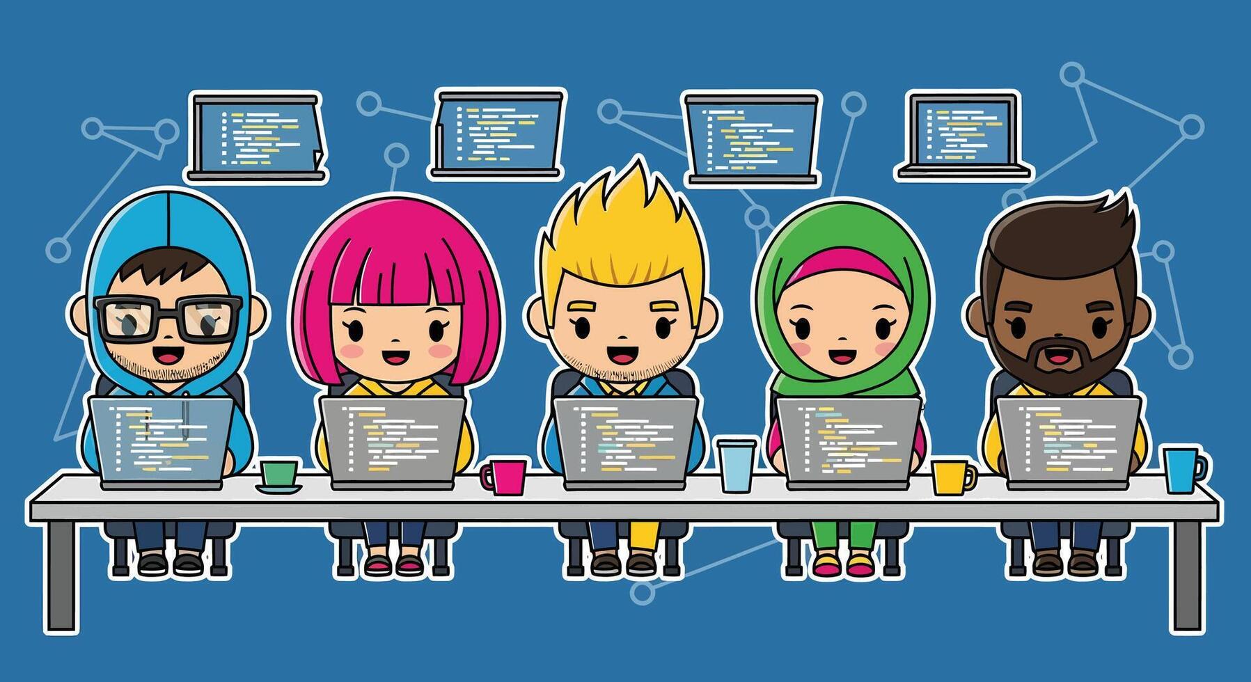 Diverse Cartoon Developers Team Coding, Software Engineering vector