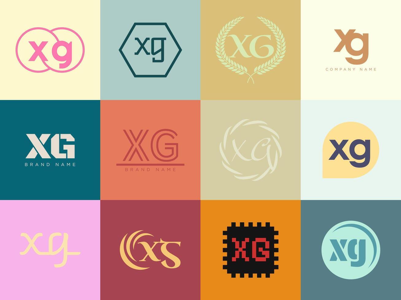 XG logo template. Letter x and g logotype. Set different classic serif lettering and modern bold text with design elements. Initial font typography. vector