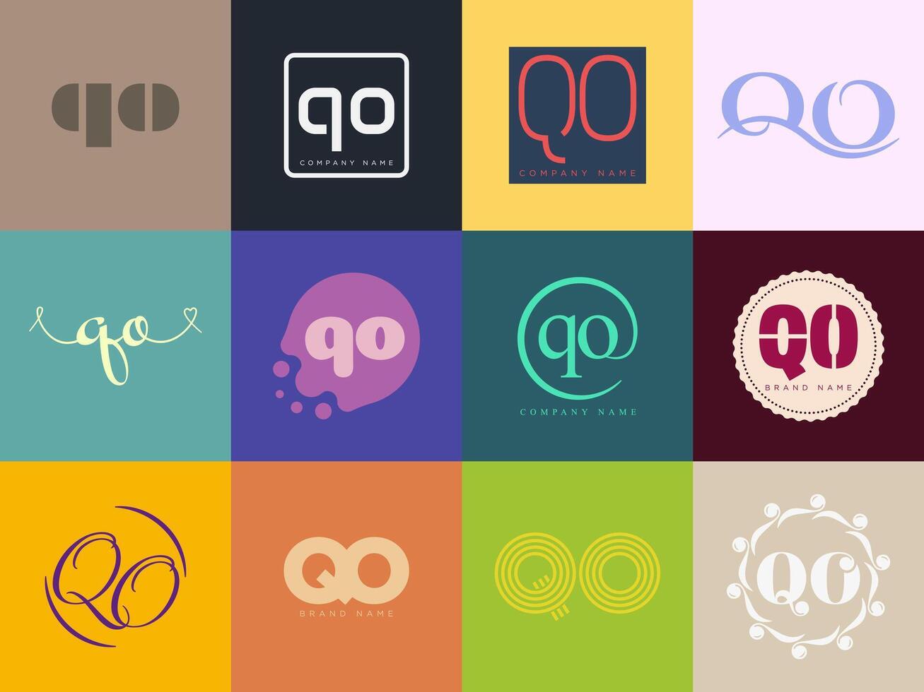 QO logo template. Letter q and o logotype. Set different classic serif lettering and modern bold text with design elements. Initial font typography. vector