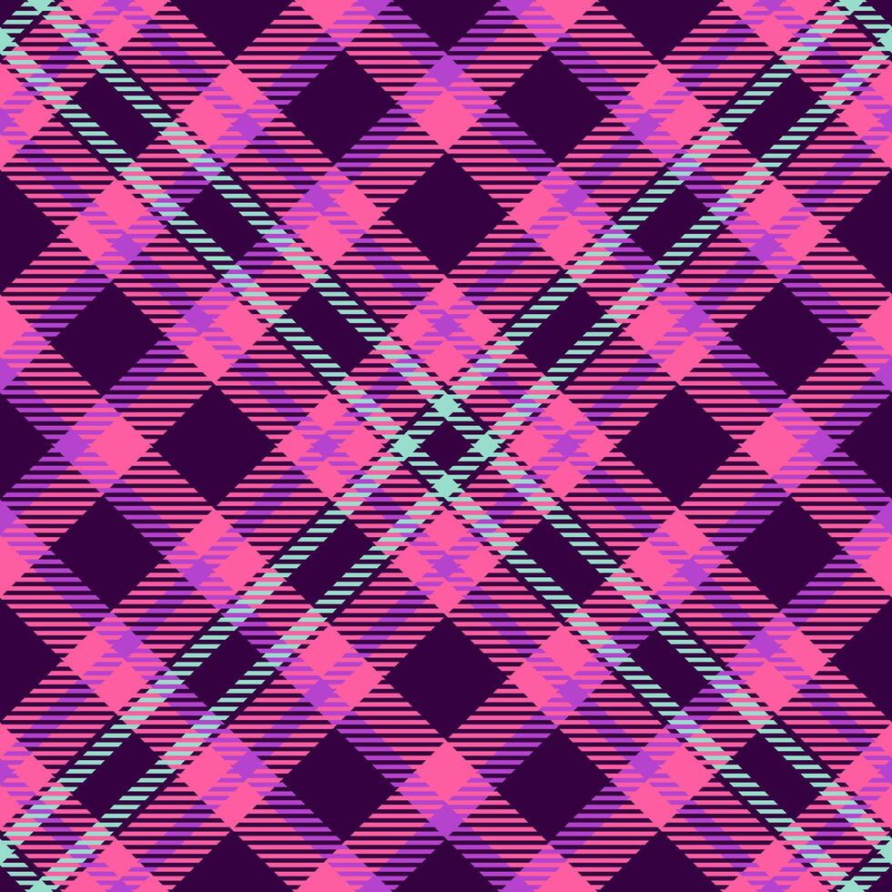 Vibrant plaid pattern with intersecting lines and squares in shades of pink, purple, and blue. Ideal for backgrounds, textiles, and graphic designs. vector